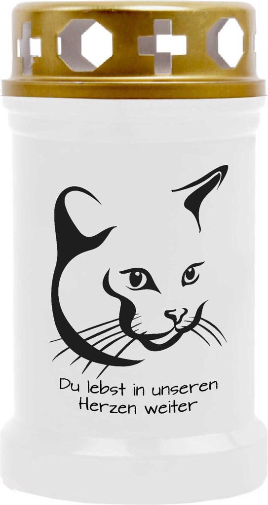 Grabkerze Weiß, Brenndauer: 40 Stunden, Motiv: Katze 4