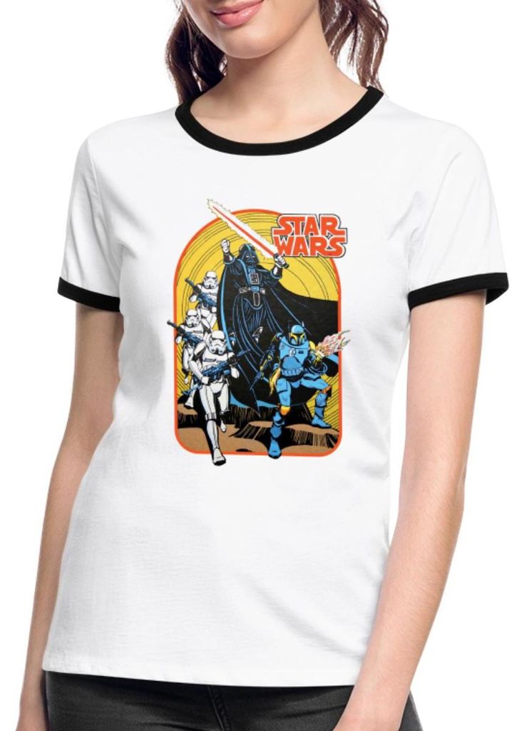 Star Wars Retro Darth Vader Und Stormtrooper Frauen Kontrast T-Shirt, S, Weiß/Schwarz
