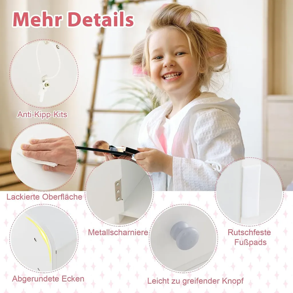 Table de Maquillage Enfant Blanche avec Lumières LED et Coiffeuse en Bois - 6