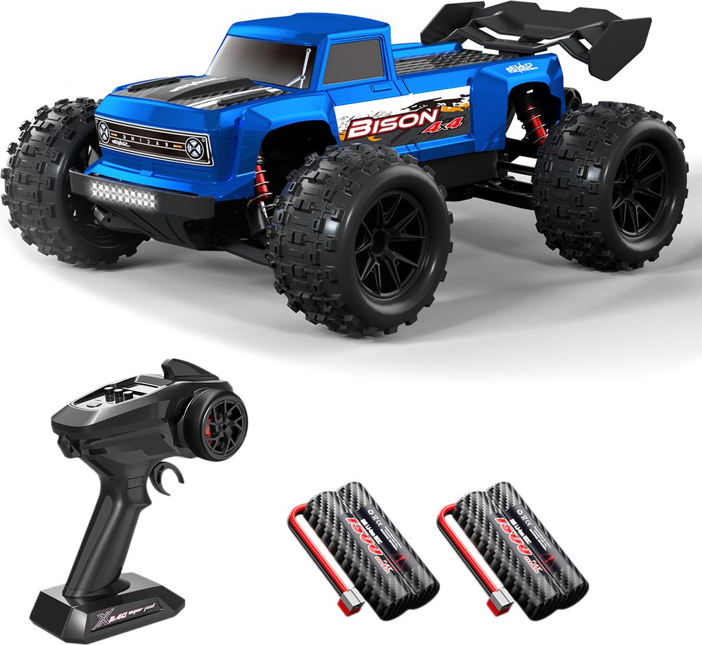 1/16 Ferngesteuertes Auto fuer Kinder, 2,4 GHz 4WD, 36 km/h Hochgeschwindigkeitsfahrzeuge, vollproportionale Fernsteuerung, Kurz-Truck, blau, 2 Bat...