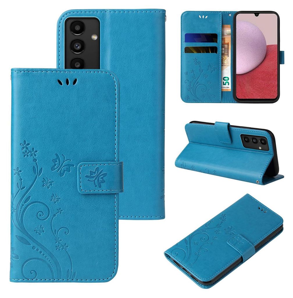 Collage of images showing a blue floral butterfly flip phone case from different angles.