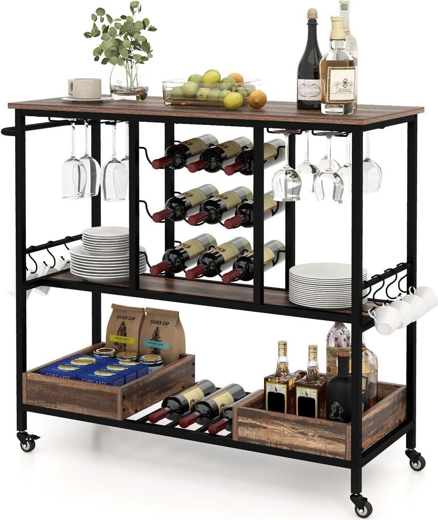 KOMFOTTEU Küchenwagen auf Rollen, Servierwagen mit Flaschenhalter & Glashalter & Haken, 3-stöckiger Barwagen Beistellwagen für Hausbar, Küche (...