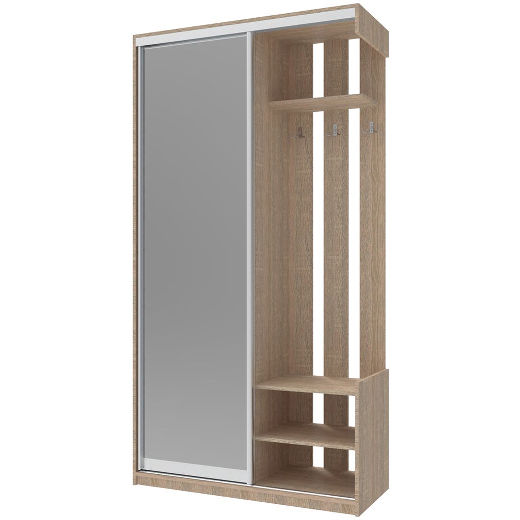 A standalone product image of a wardrobe with a mirror and open shelving.