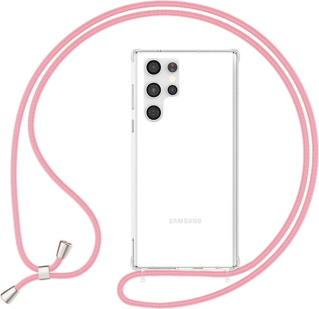 NALIA Klare Schutzhülle mit Kette für Samsung Galaxy S24 Ultra Hülle, Transparente Stabile Handyhülle mit Umhänge-Band Rosa