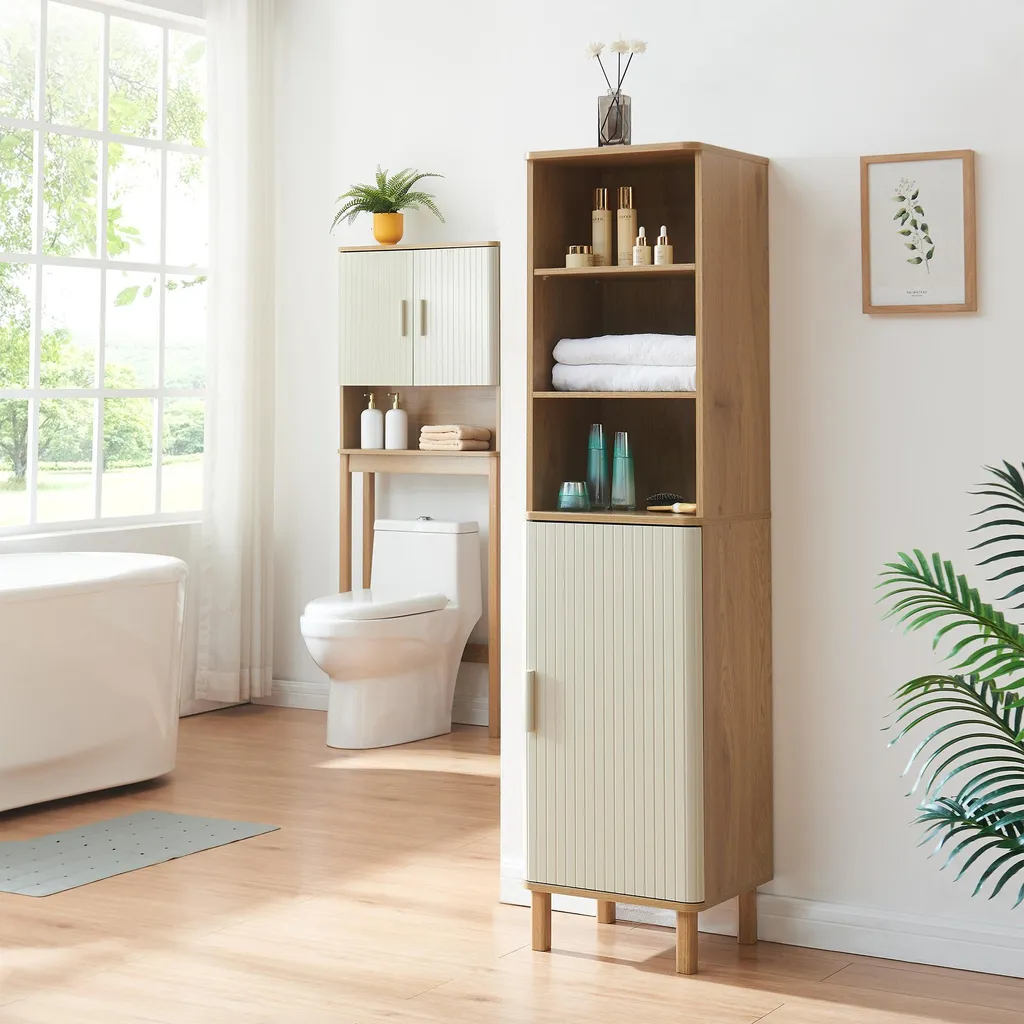 Armadio alto 'Ferrersp' Armadio da bagno con 1 anta e 6 ripiani 160 x 42 x 35 cm Effetto rovere/colore sabbia