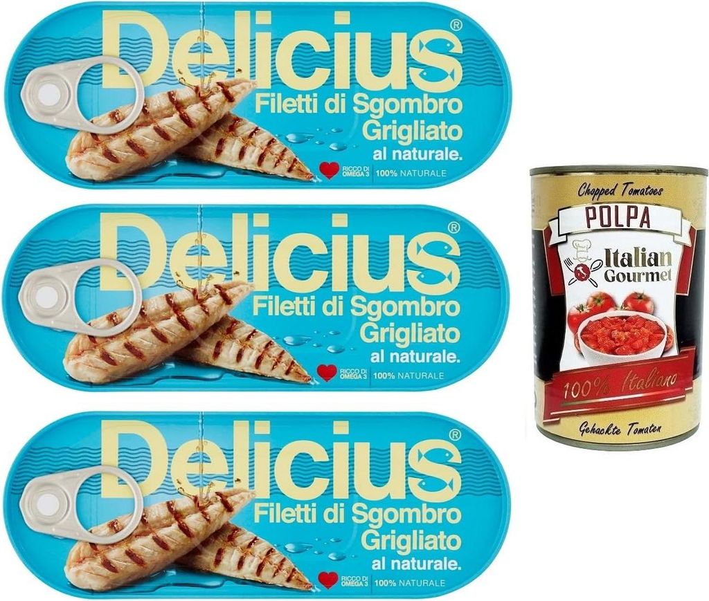 3x Delicius Filetti di Sgombro Grigliati al Naturale,Natürliche Gegrillte Makrelenfilets,reich an Omega 3,Hochwertiger Blauer Fisch,110g Dose + It...