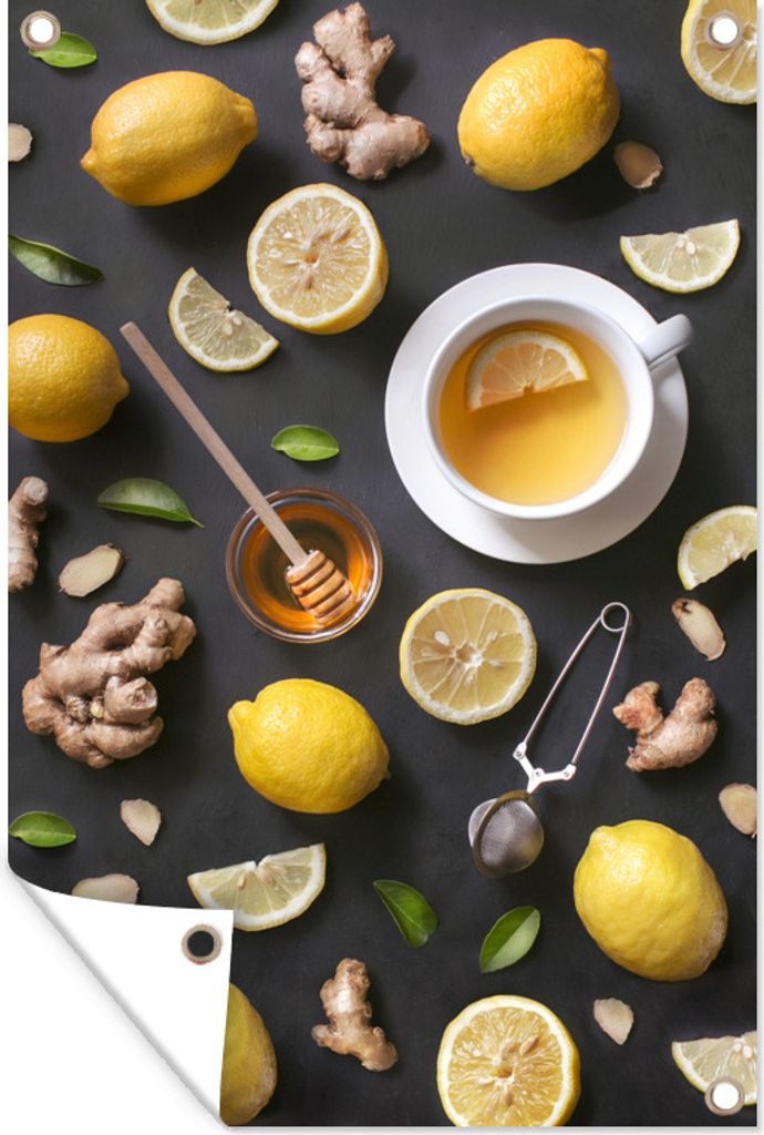 MuchoWow 60x90 cm Outdoor-Poster Gartendeko Sichtschutz Garten Poster für den Garten Eine Tasse Zitronen-Honig-Tee auf rustikalem Holzhintergrun...