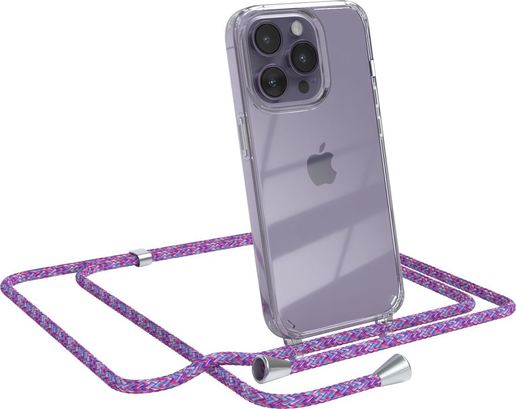 EAZY CASE Handykette kompatibel mit Apple iPhone 14 Pro, Handyhülle mit Umhängeband, Handykordel, Schutzhülle Clear, Band in Bunt