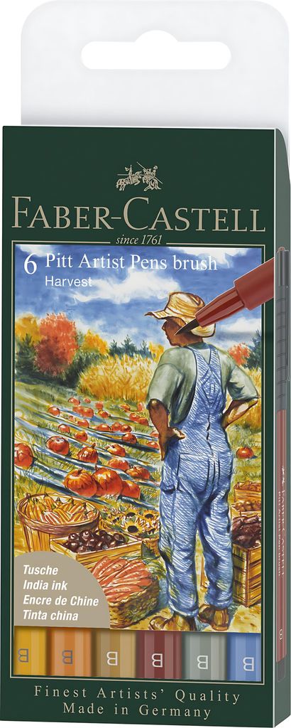 Faber-Castell Pitt Artist Pen Brush Tuschestift, 6er Etui, Harvest, 6 Farben, Blau, Bordeaux, Braun, Grau, Orange, Mehrfarbig, Rund, Kunststoff, 1 ...