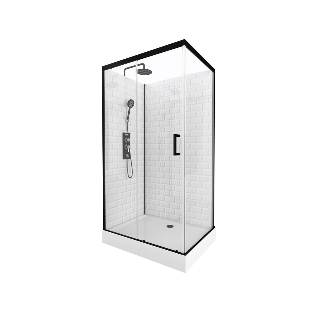 A modern shower cabin with a black frame and white tiled walls, shown against a white background.