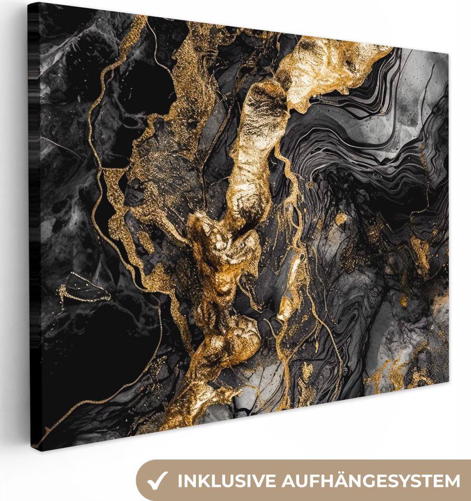 MuchoWow - Leinwandbilder - Marmor - Schwarz - Gold - Abstrakt, Wandbild, Wanddeko Bilder Wohnzimmer, 40x30 cm