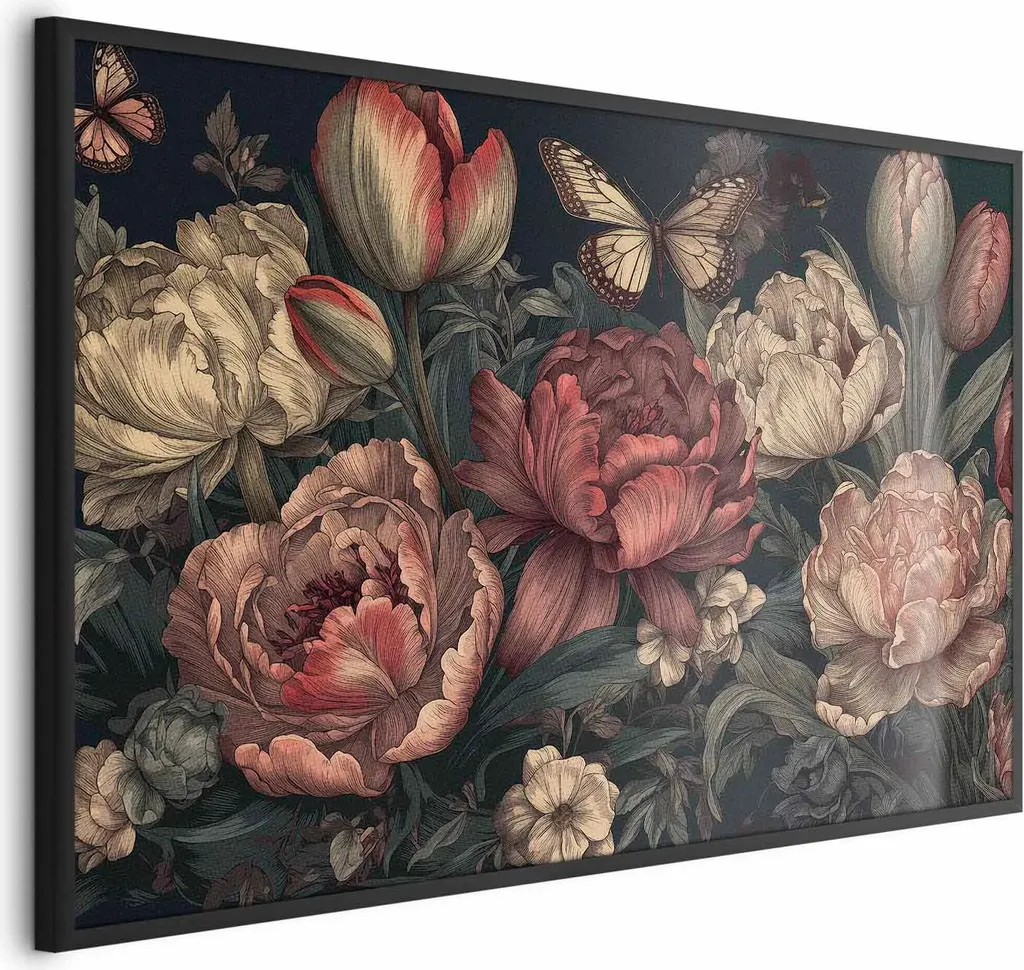 Quadro Fiori Turchese 60x40 cm Design Moderno Cornice Nera Minimal