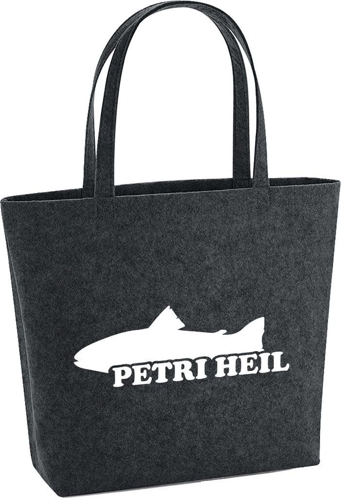Huuraa Filzshopper Petri Heil Fischergruß 22 Liter Charcoal Melange Filztasche Geschenkidee