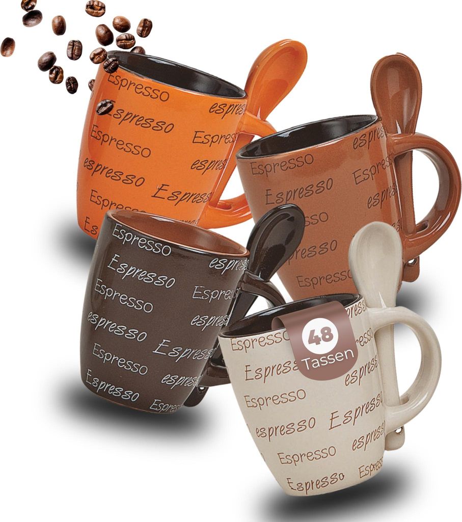 Espresso-Tassen mit Löffel 48 Stk. dickwandige Keramik, 50 ml