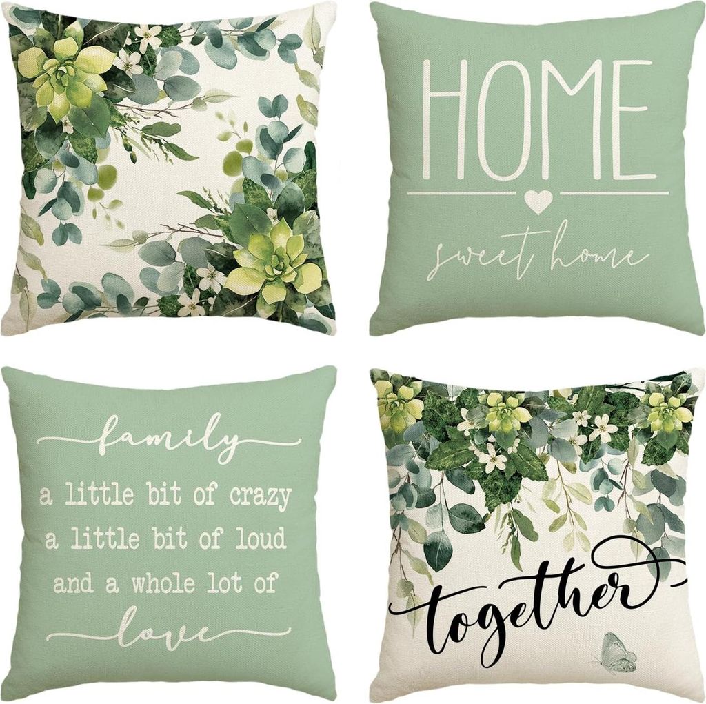 Artoid Mode Family Love Eukalyptus Blätter Sommer Kissenbezüge 4er Set, 45x45 cm Frühling Home Sweet Zierkissenbezug Cushion Cover Deko