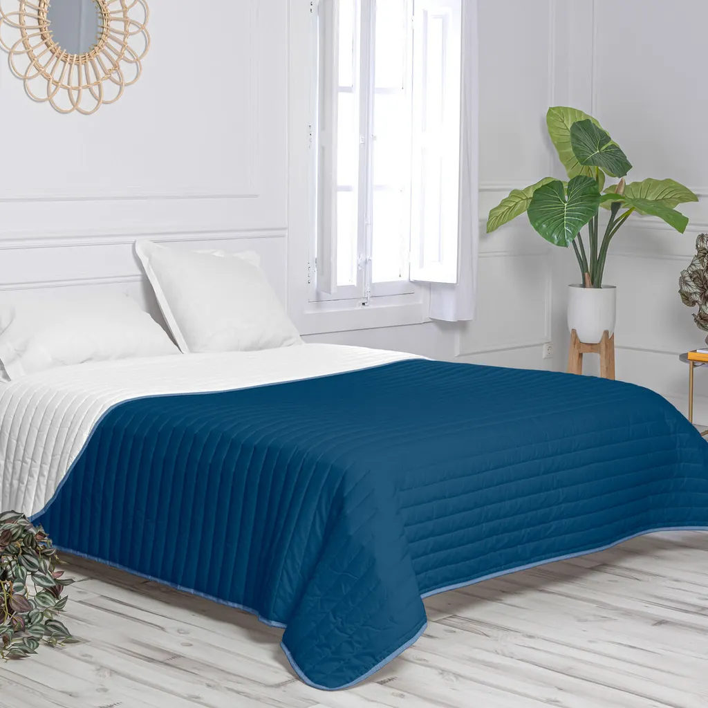 Copriletto reversibile HappyFriday Basic Dash bianco blu navy 240 x 260 cm - 2