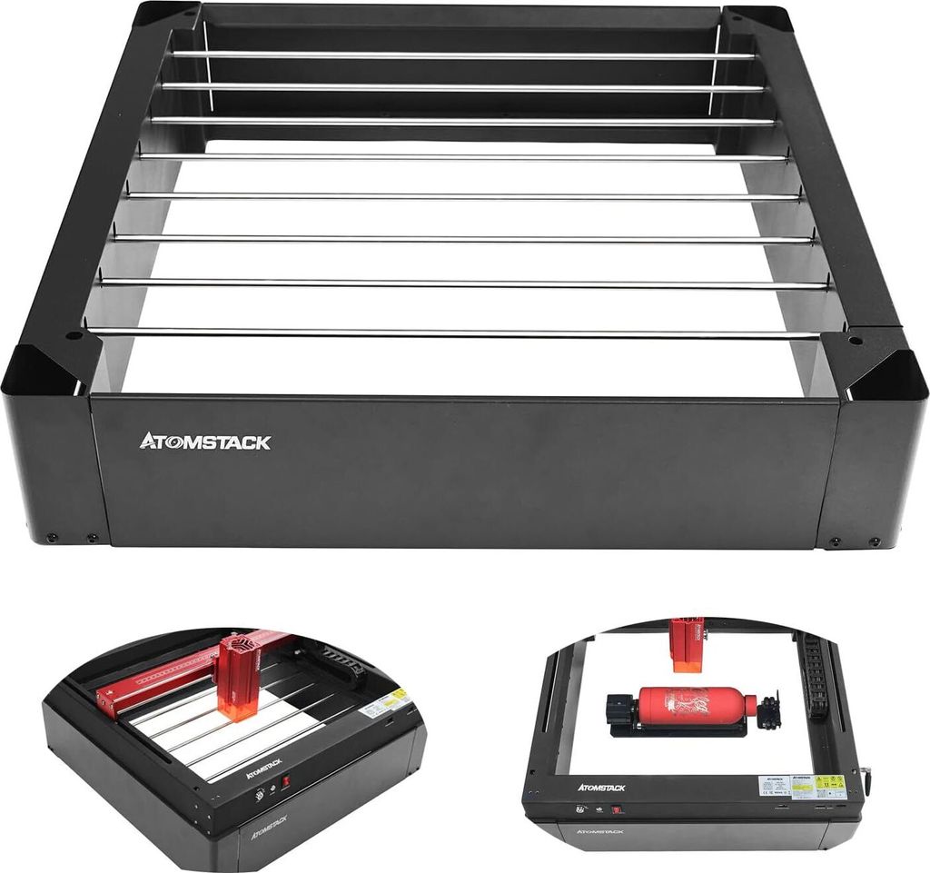 A collage of images showing an ATOMSTACK accessory, likely a heightening base, and its use with a laser engraver.
