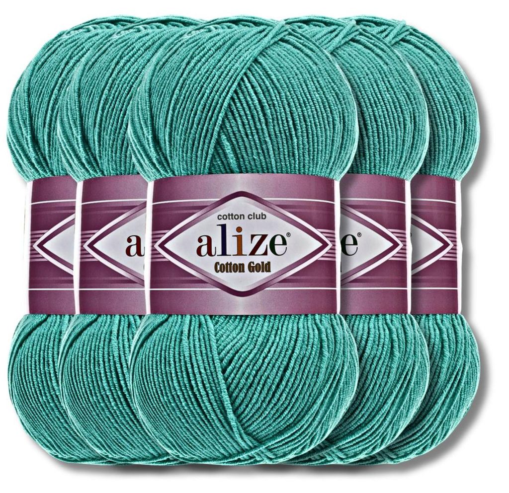 Alize 5x 100g Baumwolle Gold Wolle, Uni, Häkeln, Stricken (Jade | 610)