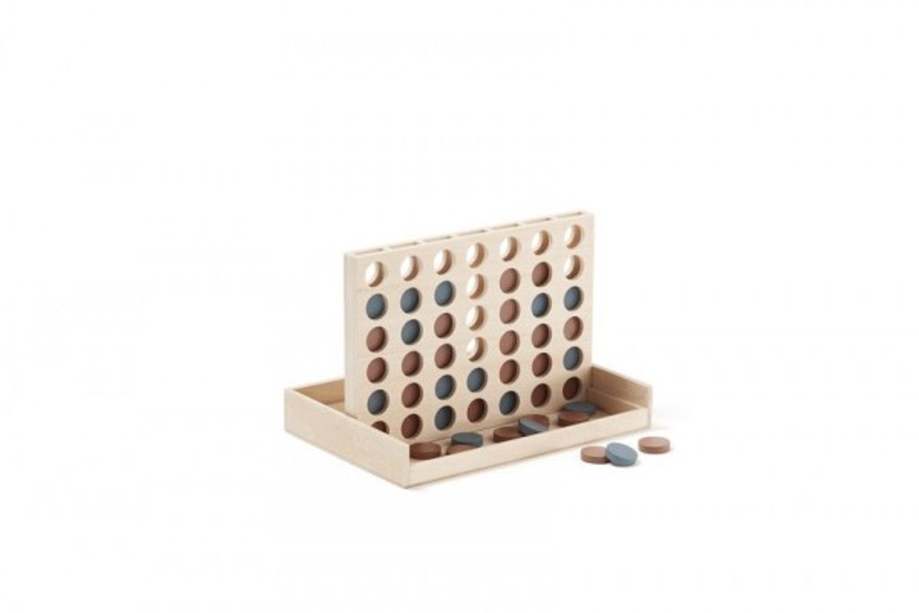A wooden Connect Four game with brown and gray discs.