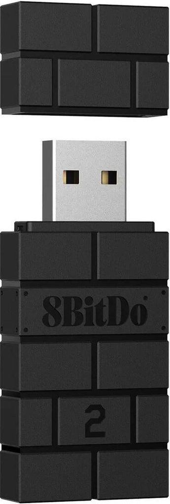 A black 8BitDo Wireless Bluetooth Adapter 2 is shown against a white background. The adapter is designed to resemble building blocks.