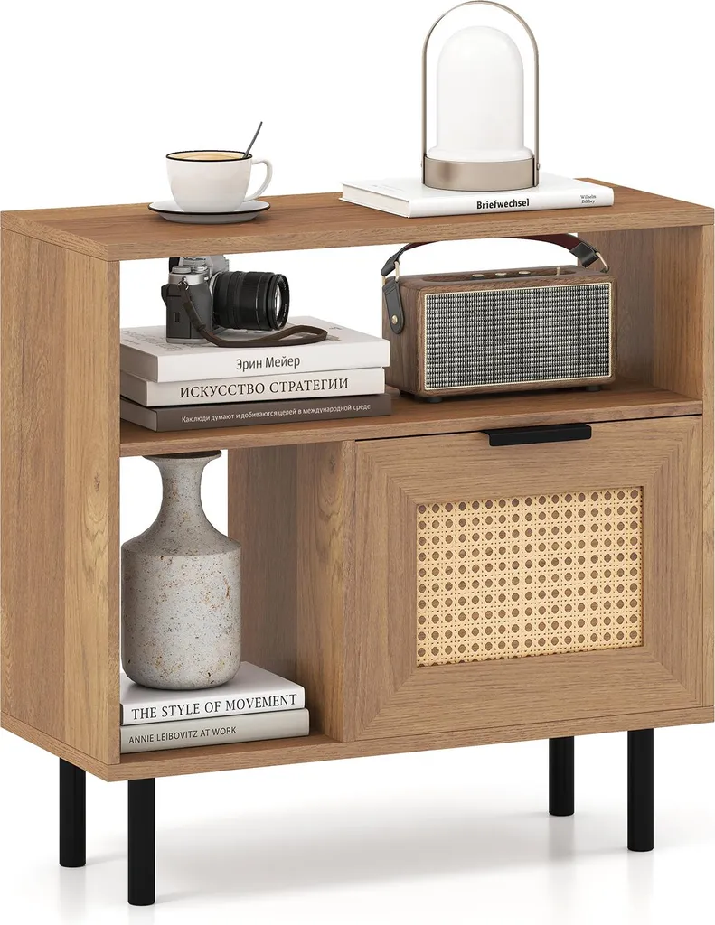 Table basse de chevet en rotin bohème avec armoire de rangement et pieds