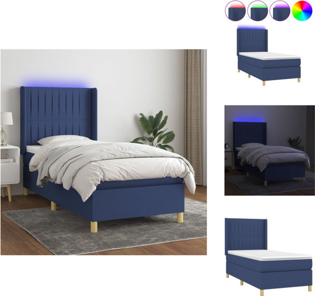 vidaXL Boxspringbett mit Matratze & LED Blau 90x200 cm Stoff - Betten & Bettgestelle