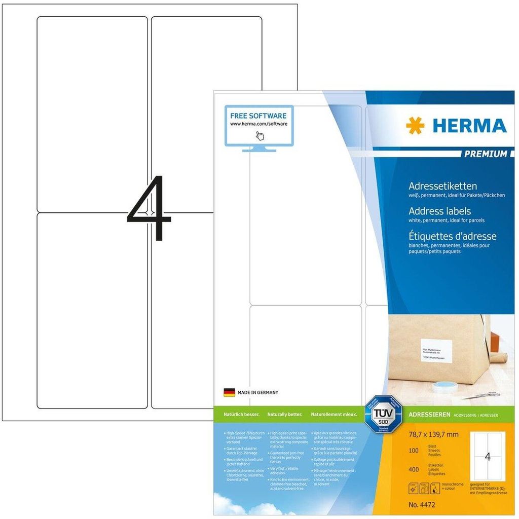 Adressetiketten Premium A4, weiß 78,7x139,7 mm Papier matt Produktbild 