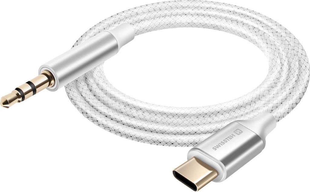 Swissten, Audio-AUX-Kabel USB-C auf 3.5 mm Nylon Geflochten 1.5m, Weiß