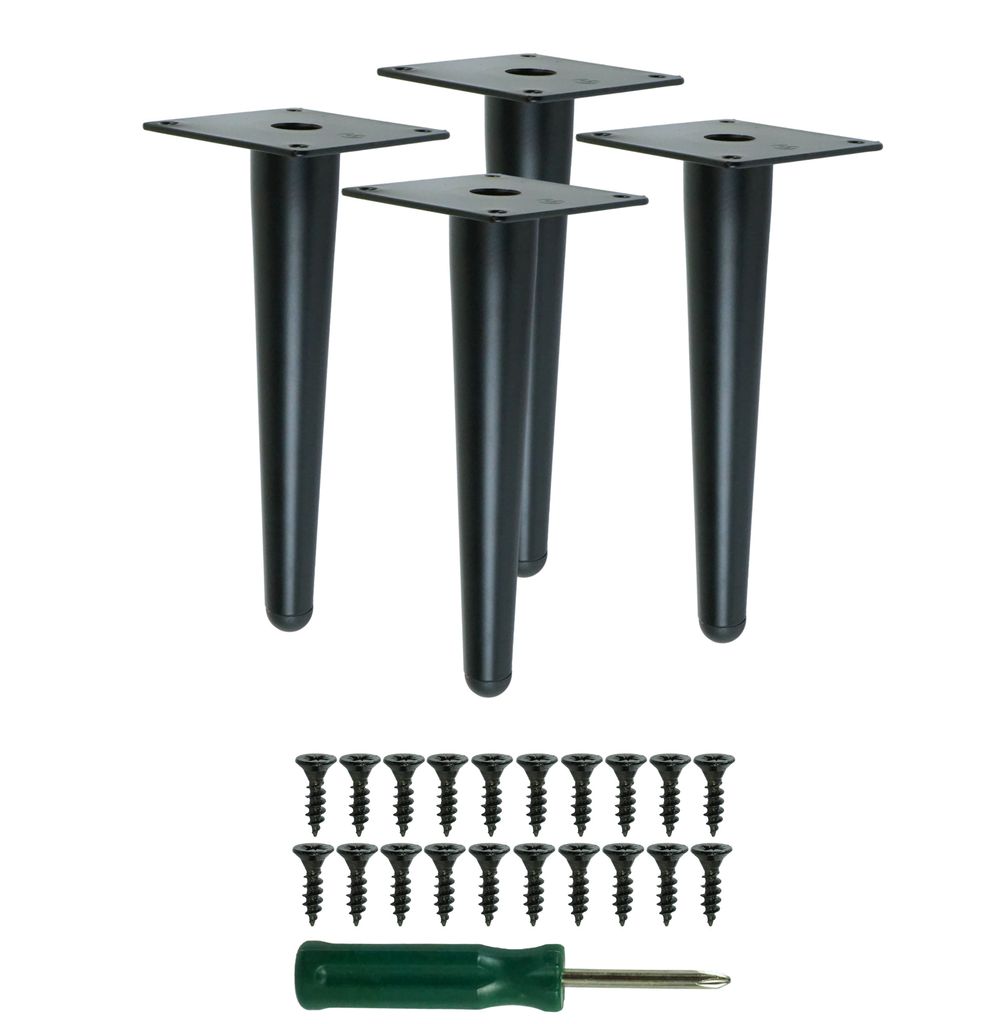 Four black metal furniture legs and a screwdriver with screws are arranged on a white background.