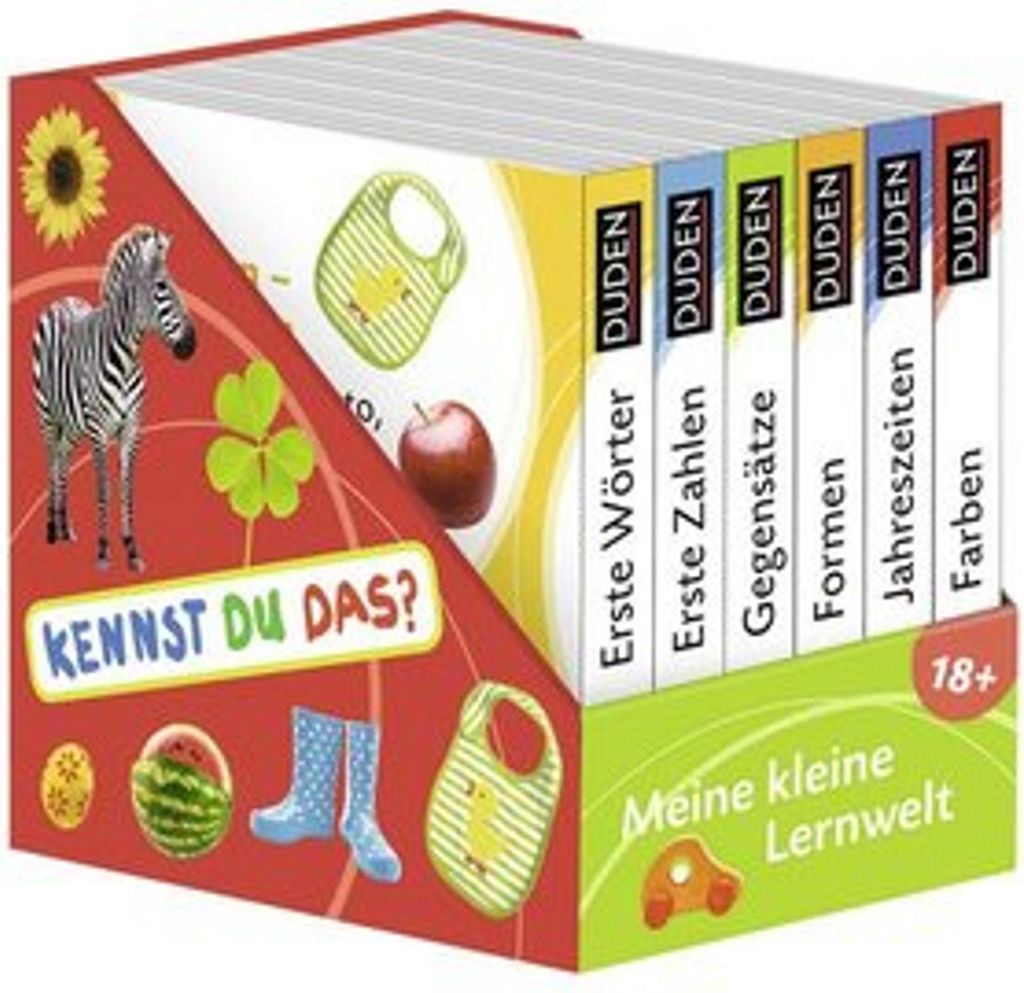 A set of children's learning books in a box, with illustrations and text.