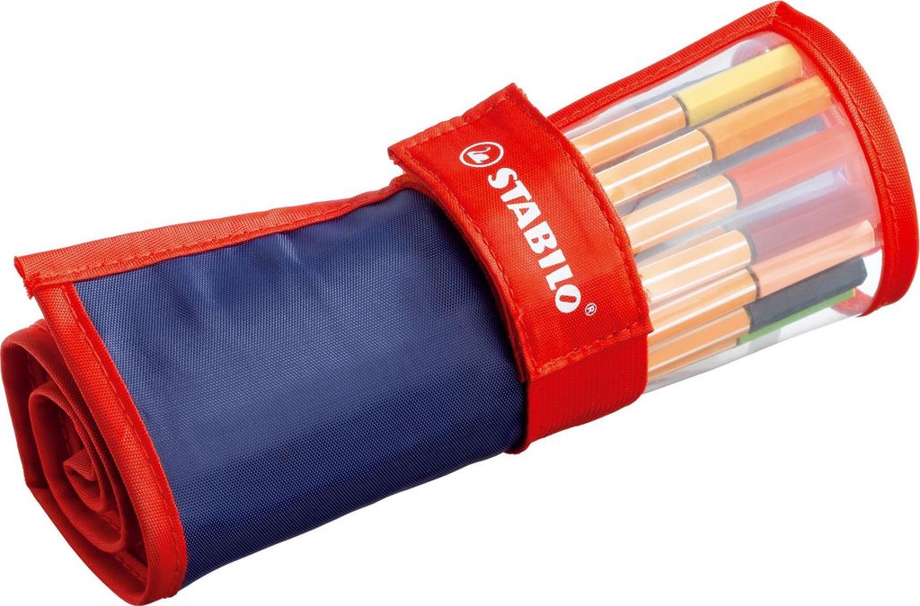 A rolled-up pencil case containing colored pens.
