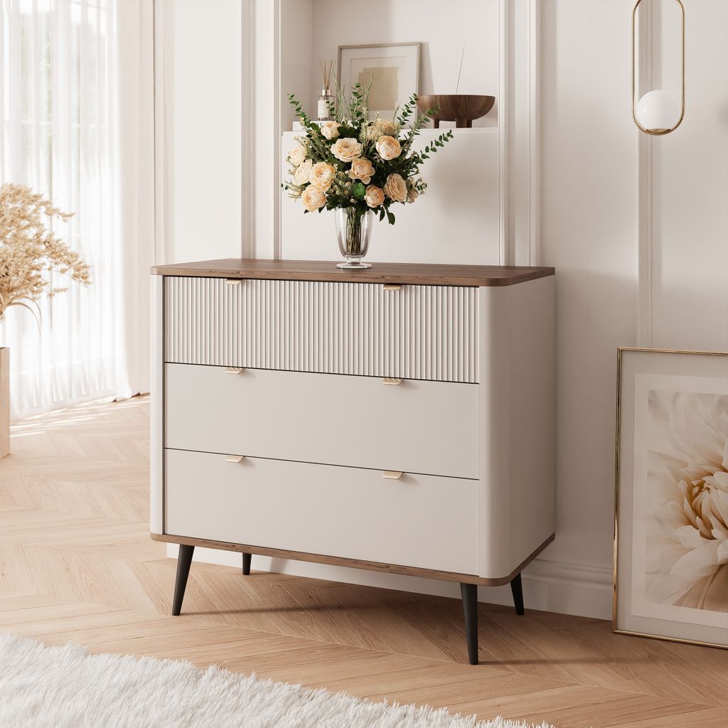 Geriffelte Kommode NAVANI 90 cm mit 3 Schubladen Produktbild 