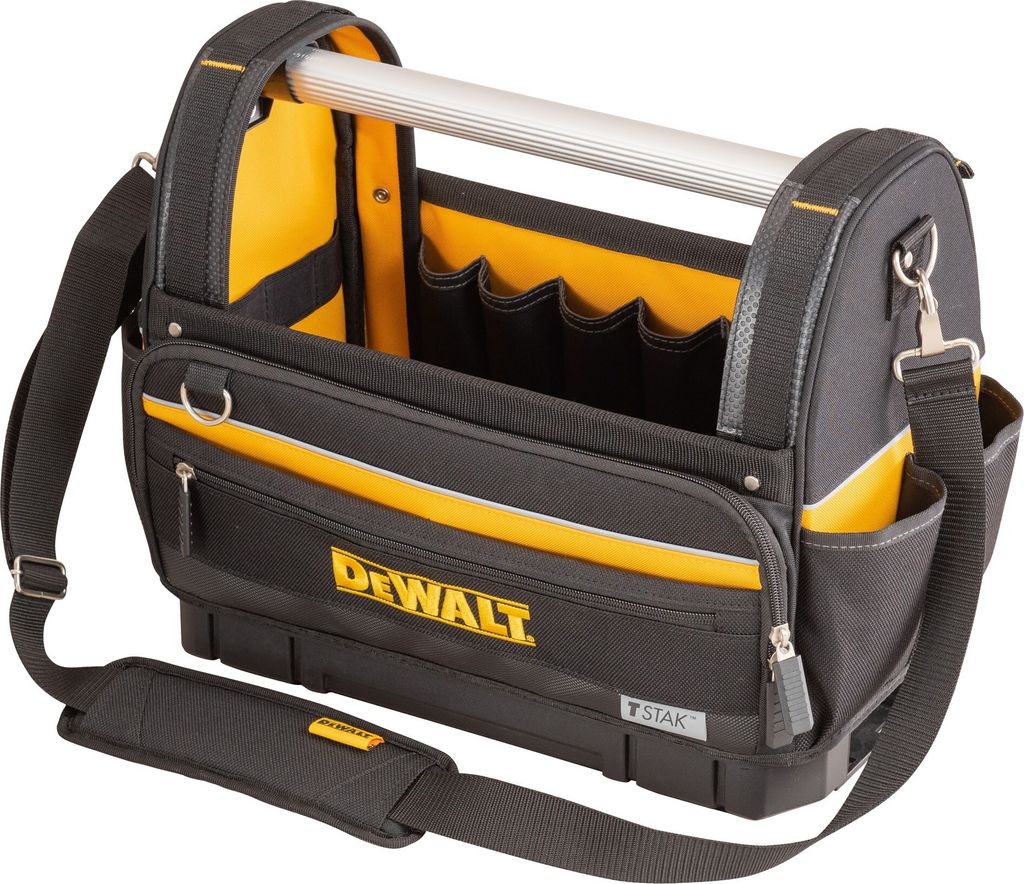 A black and yellow DeWalt tool bag with a silver handle and a shoulder strap.