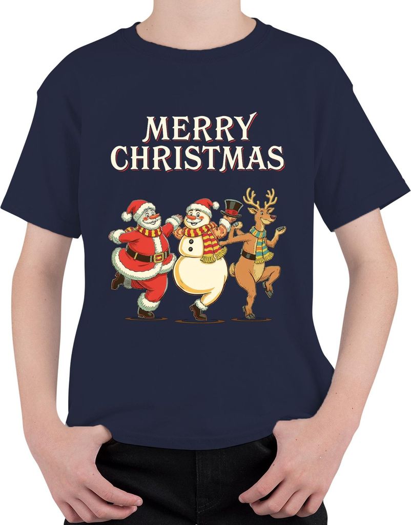 MERRY CHRISTMAS Weihnachtsmann Schneemann Rentier tanzend Vintage Uni Kinder T-Shirt, Navy, 128