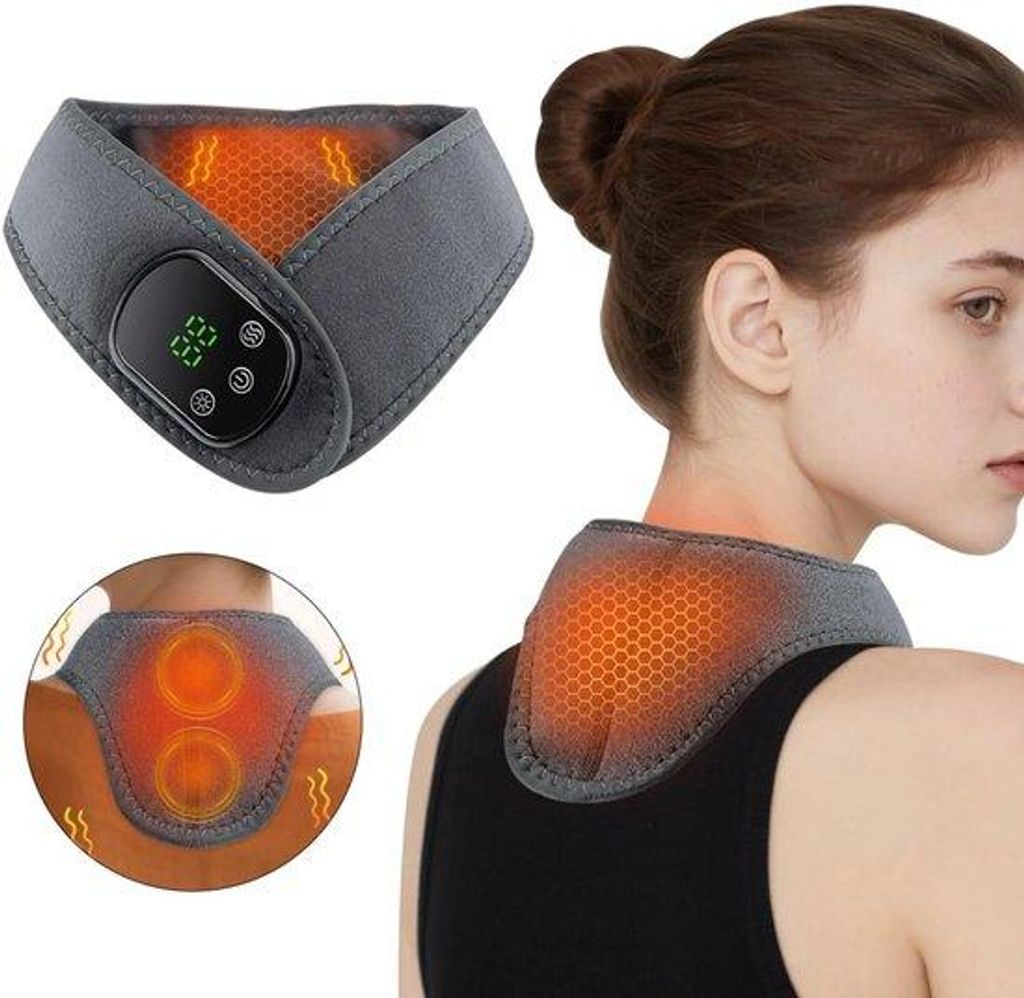 Elektrisch verwarmd Massagekissen, 5 Temperaturstufen, 3 Vibrationsmodi, 1800mAh Akku, USB-Ladung, für Nacken und Schulterbereich.