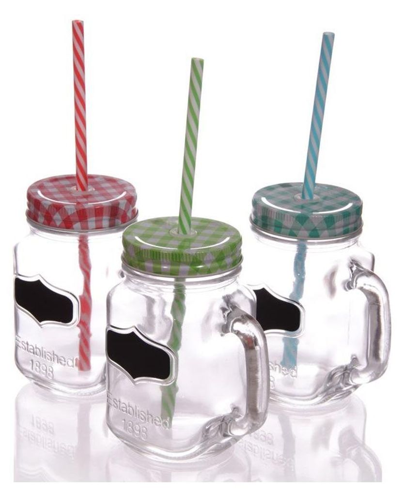 3 tlg. Set Trinkgläser mit Henkel, Deckel & Strohhalm Glas Produktbild 