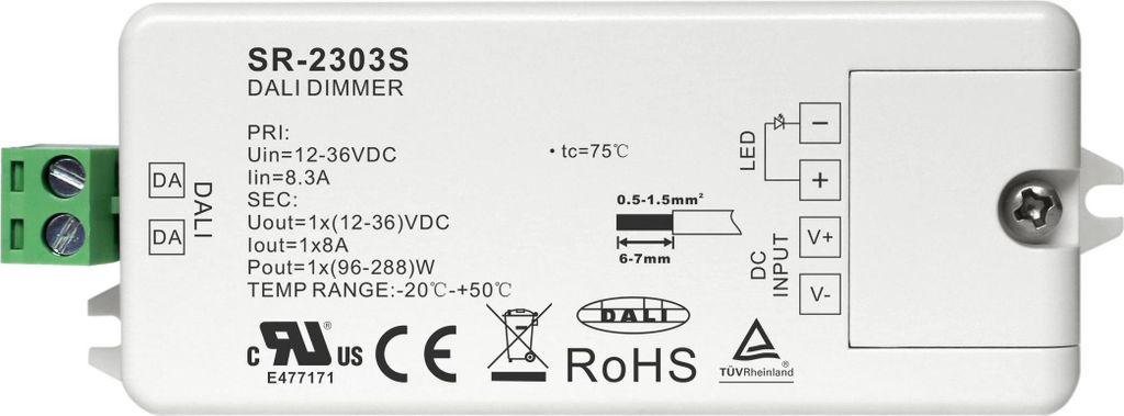 SR-2303S 2-in-1 LED Dimmer 1-Kanal 12-48V DC 8A Konstantspannung DALI-2 DT6 mit Push DIM