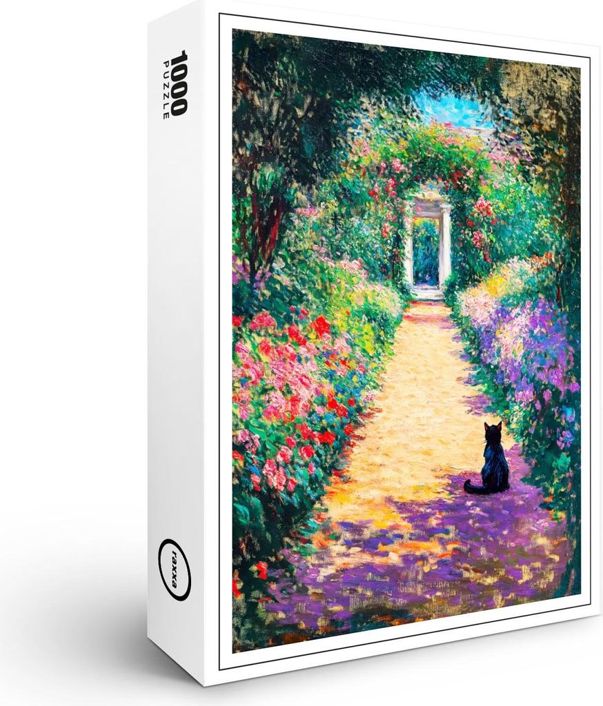 raxxa Premium-Puzzle "Impressionistic Oil Painting of Cat on Flower-Lined Garden Path", 1000 Teile