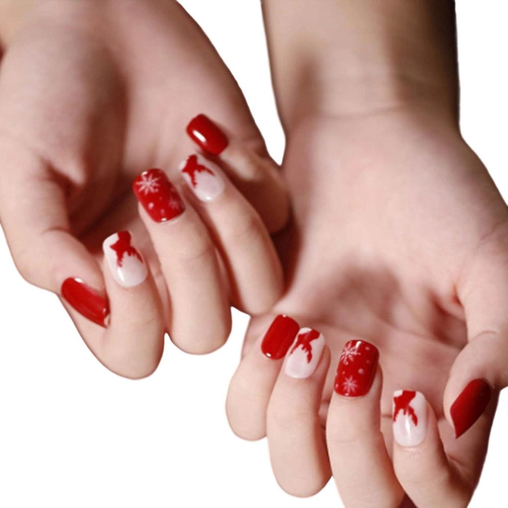 Rote künstliche Fingernägel zum Aufkleben, kurze, quadratische Weihnachtsdekoration, niedliche Vollabdeckung, künstliche Fingernägel für Fraue...
