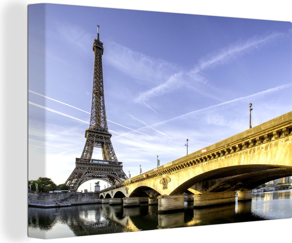 OneMillionCanvasses - Leinwandbilder - 140x90 cm, Schöne Brücke und der Eiffelturm kurz nach Sonnenaufgang, Wandbilder Kunstdruck Wanddekoratio...