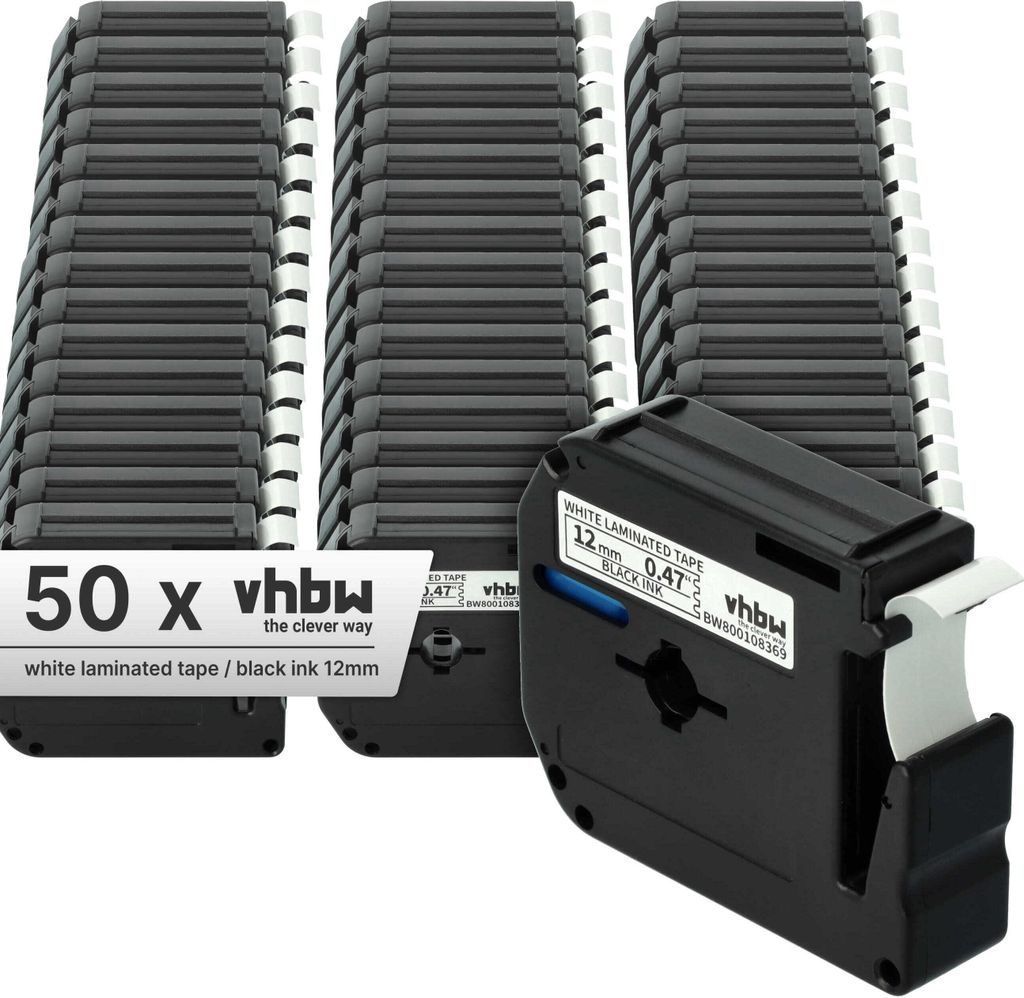 vhbw 50x Schriftband-Kassette kompatibel mit Brother P-Touch 80SCCP, BB4, 90, 70SR, 80, 85 Etiketten-Drucker 8m x 12mm Schwarz auf Weiß, Kunststoff