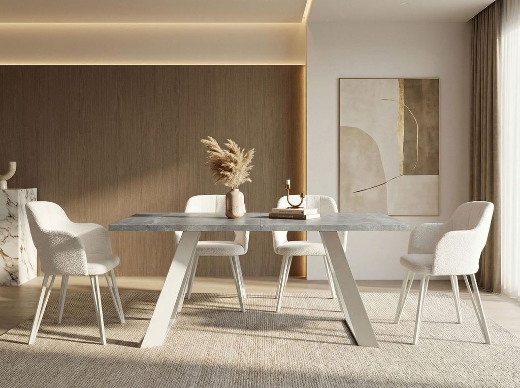 Esstisch Colter Weiß im Modern Still, Rechteckig Tisch - Ausziehbar von 140 cm bis 240 cm, Pulverbeschichtete Weiße Metallbeine - 140 x 80 cm - B...