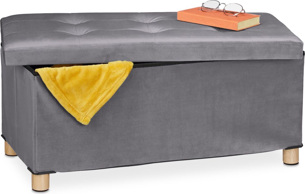 Ławka Relaxdays z schowkiem, tapicerowana, obita aksamitem, Zdjęcie produktu 