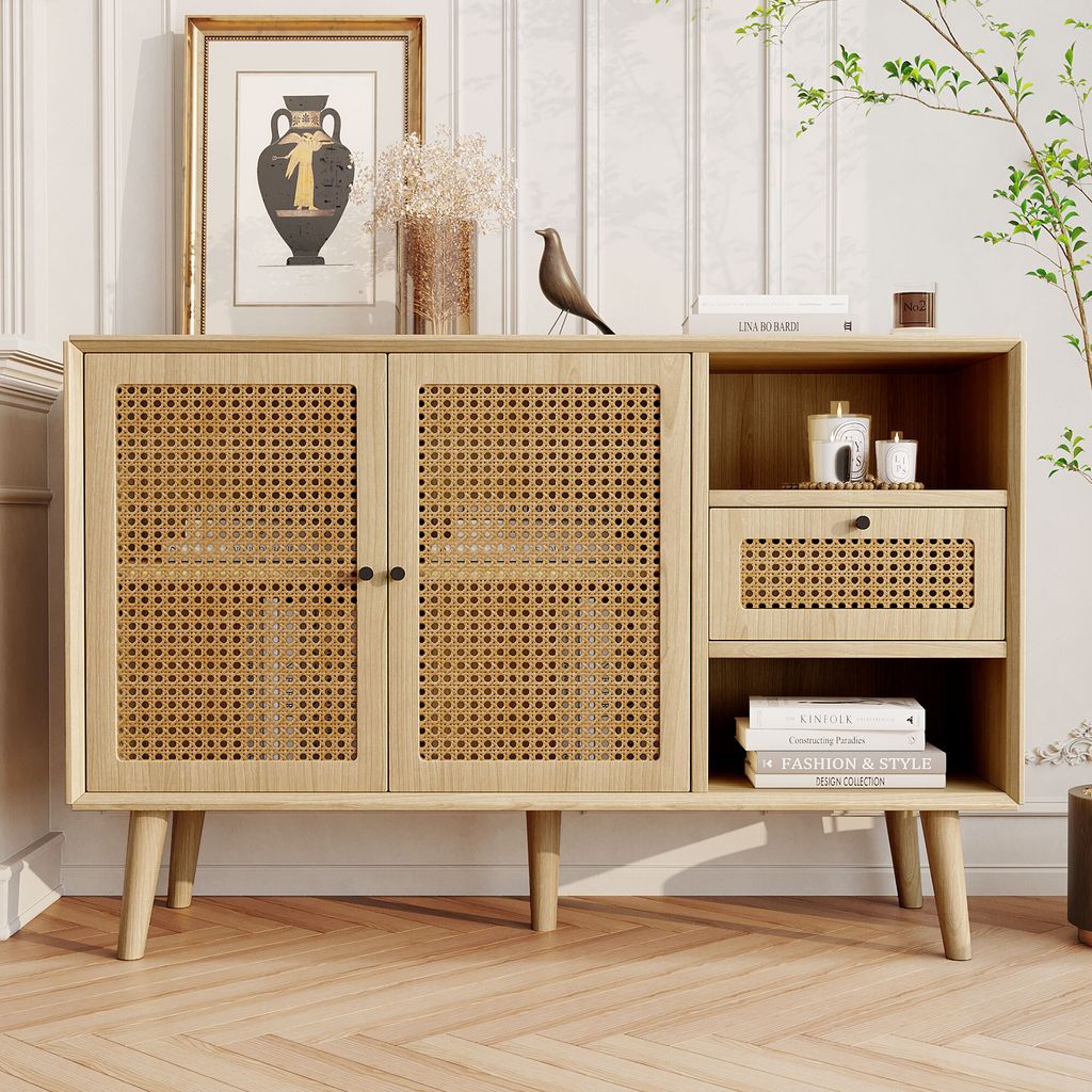 Flieks Kommode mit Türen, Schubladen und Ablage, Rattan Wohnzimmerschrank Siadeboard mit Verstellbarer Ablage, Kommde für Flur, Schlafzimmer, 120...