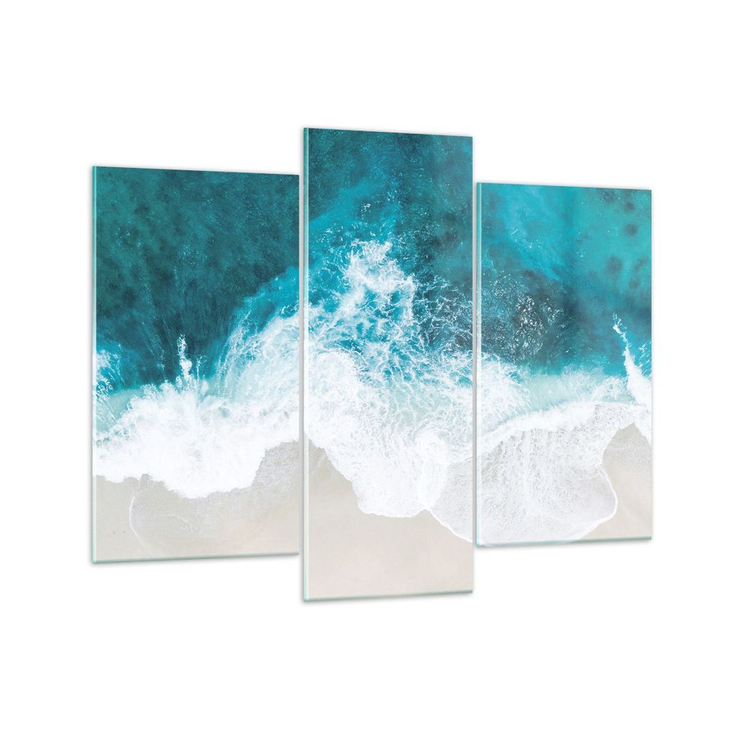 Bilder auf glas - 3 Teile - Luftaufnahmen Strand Welle - 130x100cm - Glasbilder - Wandbilder - Bilder - Wanddekoration aus Glas - Glas Bilder - Wan...