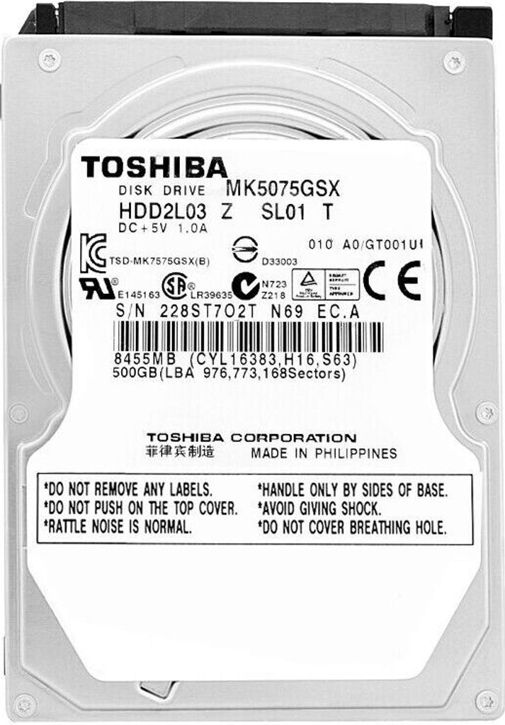 Festplatte Toshiba 500Gb MK5075GSX 8Mb Cache 5400Rpm SATA II 2,5"