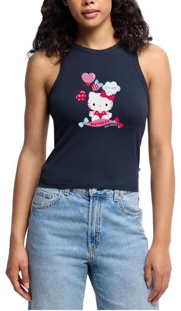 Spreadshirt Hello Kitty Mit Ballons Mein Geburtstag Cropped Frauen Organic Tank Top, L, Navy