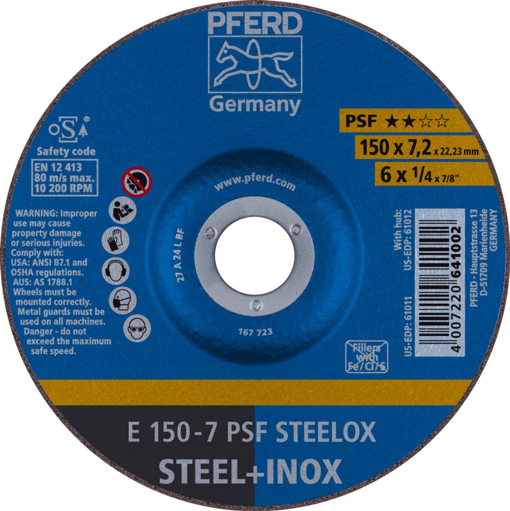 PFERD TOOLS Schruppscheibe E 150x7,2x22,23 mm Universallinie PSF STEELOX für Stahl/Edelstahl