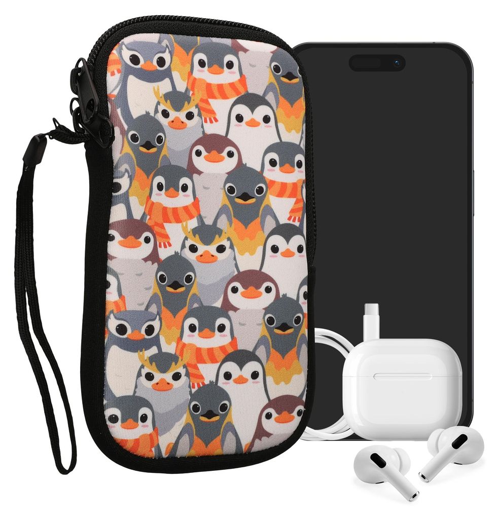 kwmobile Handytasche für Smartphones M - 5,5" - Neopren Handy Tasche Hülle Cover Case Schutzhülle - Pinguine Grau Gelb Braun - 15,2 x 8,3 cm Inn...