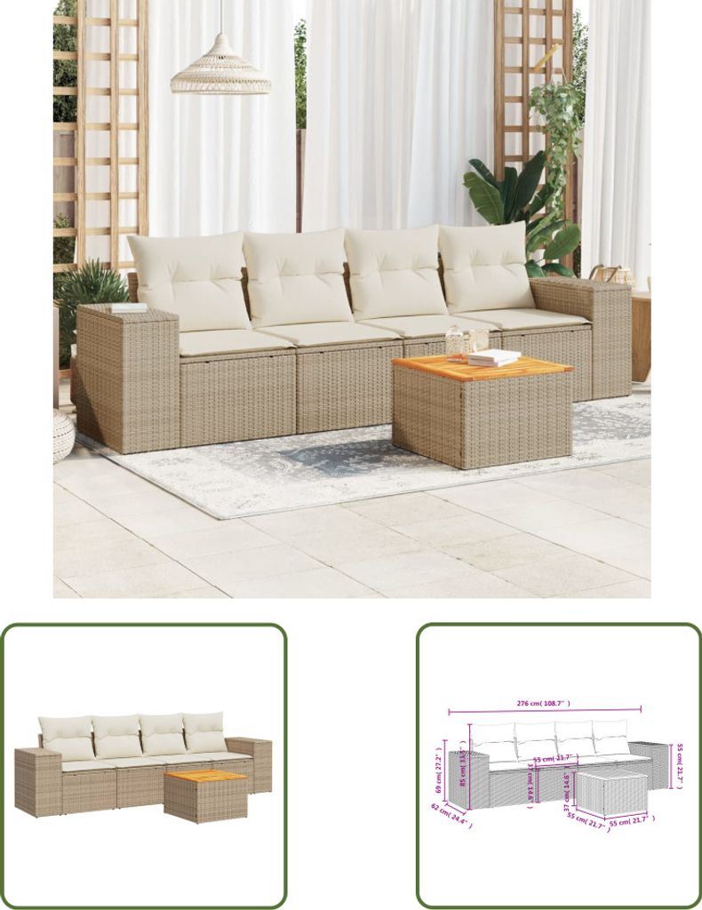 The Living Store 5-tlg. Garten-Sofagarnitur mit Kissen Beige Poly Rattan